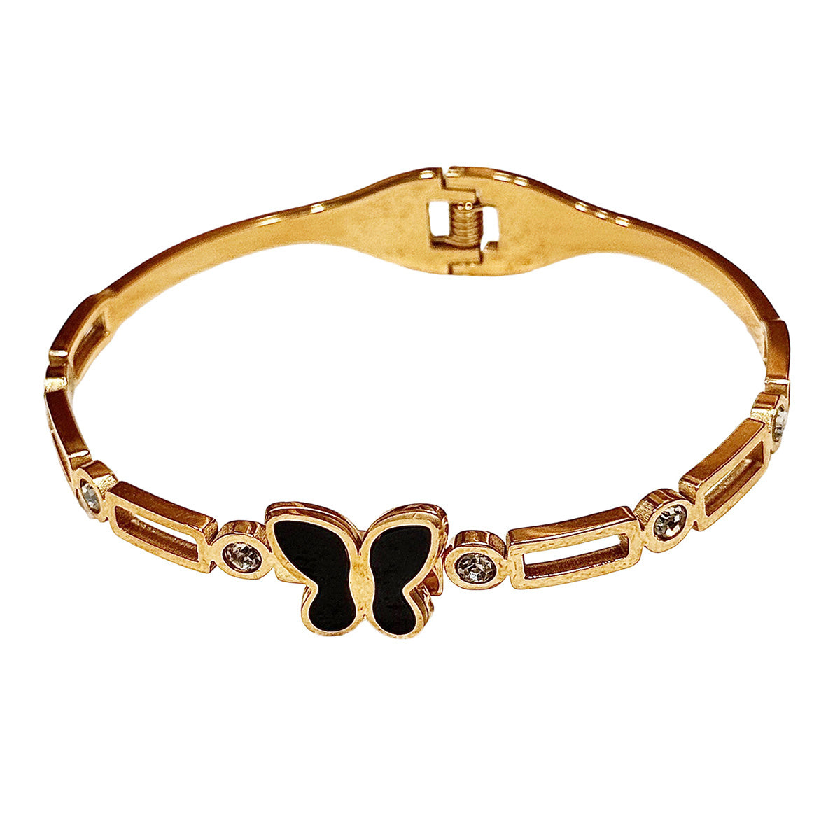 Gold cuff bracelet with black butterfly and gemstone accents unique gift jewelry for her