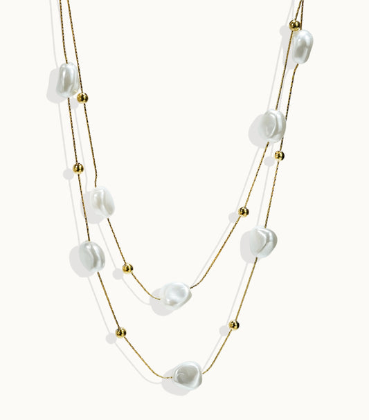 LUNIVA CARE USA 18K gold plated pearl necklace featuring irregular white pearls and delicate gold beads