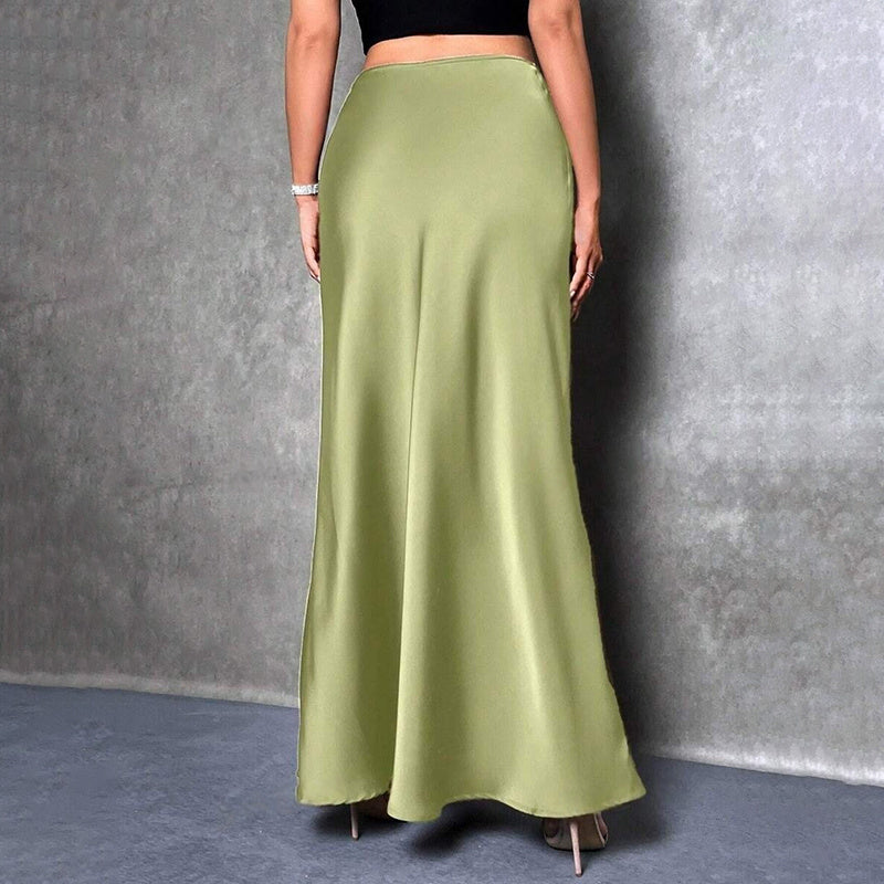 Green elegant satin midi skirt styled for a sleek and flowing fit perfect for formal occasions