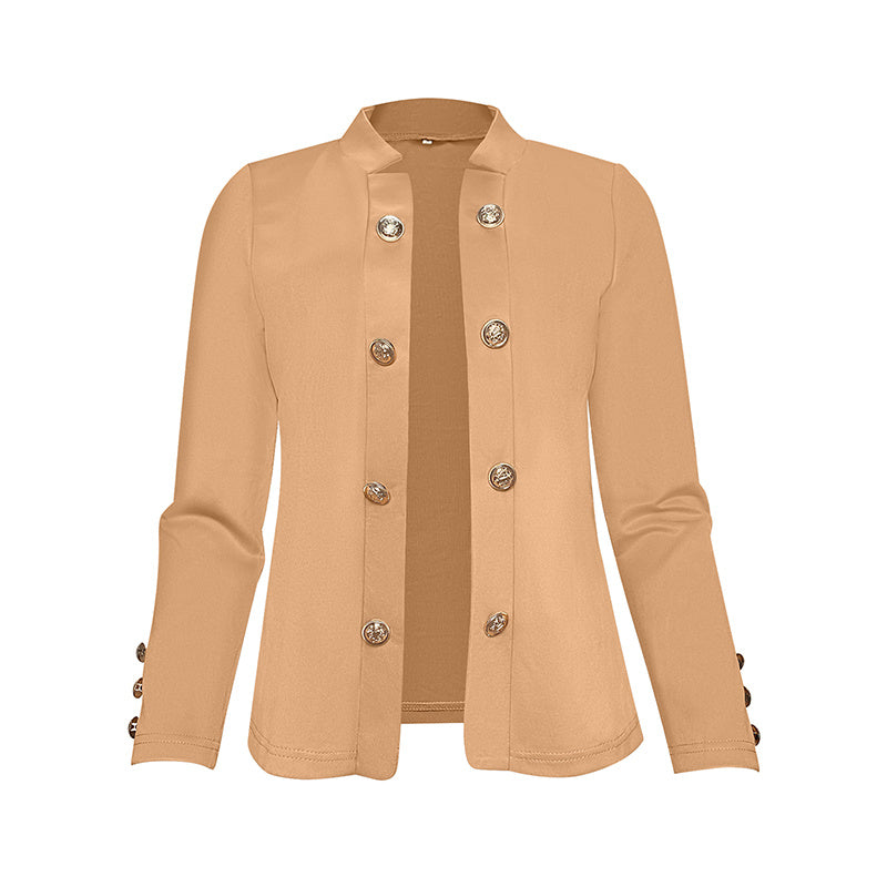 Beige plus size women's blazer with decorative buttons and long sleeves by LUNIVA CARE USA