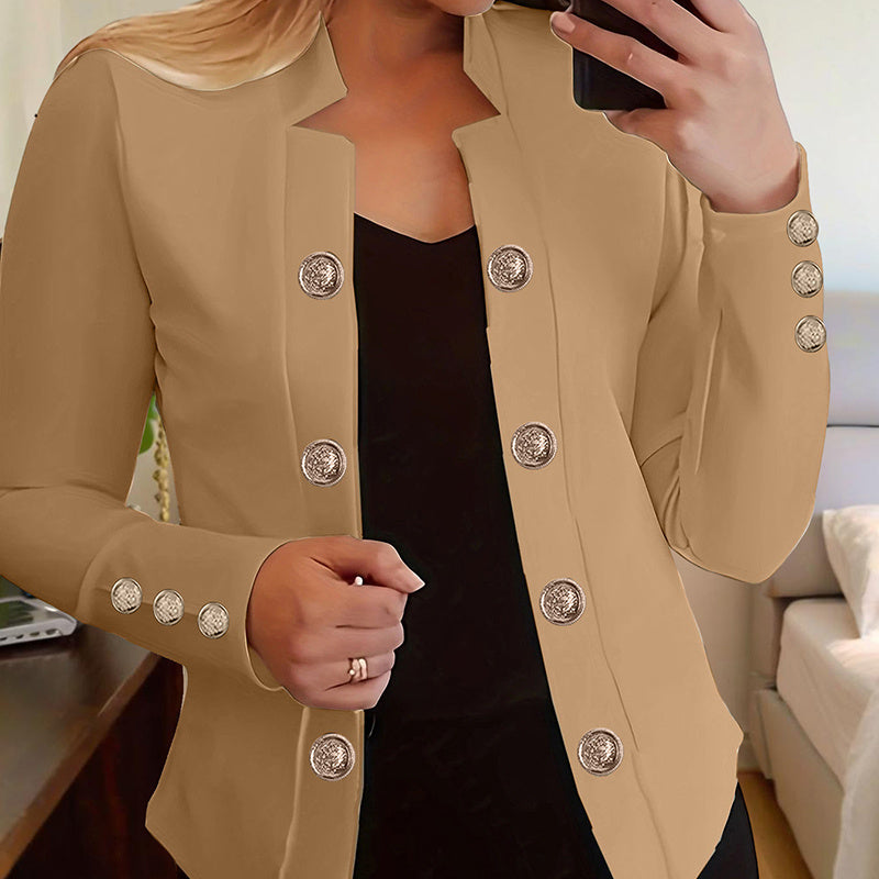 Plus size women's blazer in beige with decorative silver buttons and tailored fit