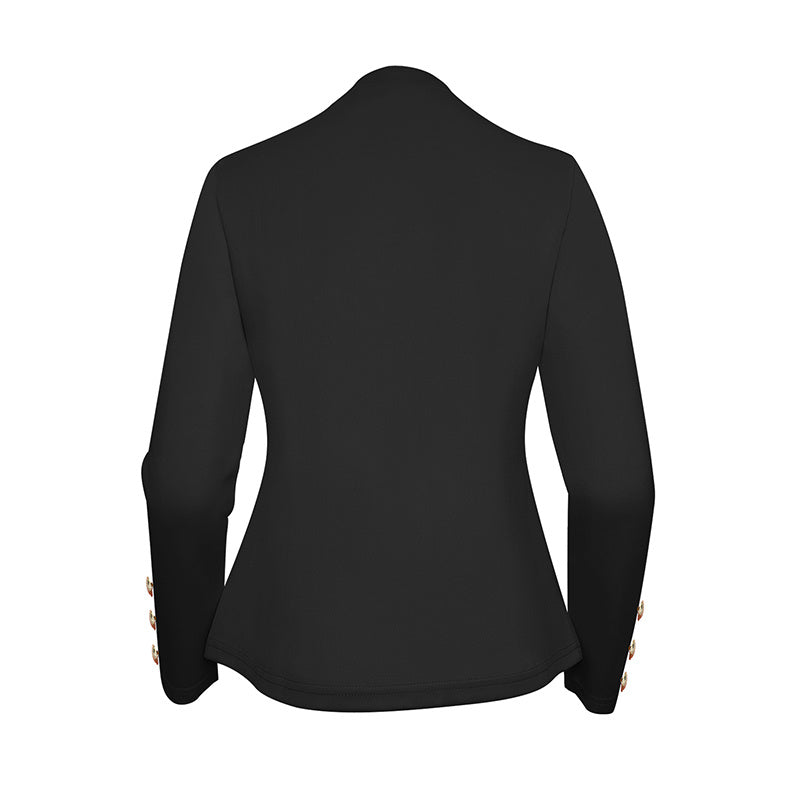 Back view of a black plus size women's blazer with long sleeves and button details on cuffs
