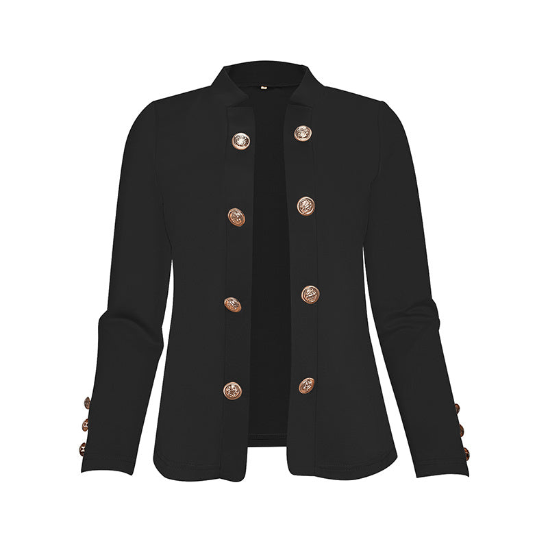 Black plus size women's blazer with decorative gold buttons and long sleeves