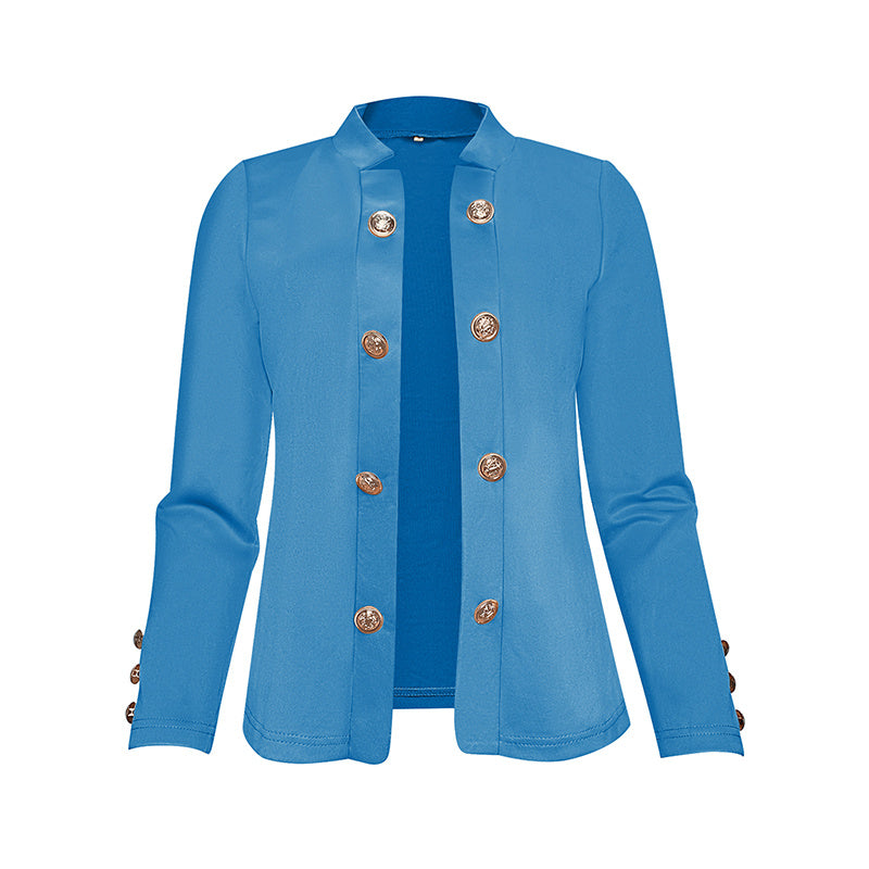 Blue plus size women's blazer with gold buttons and long sleeves by LUNIVA CARE USA