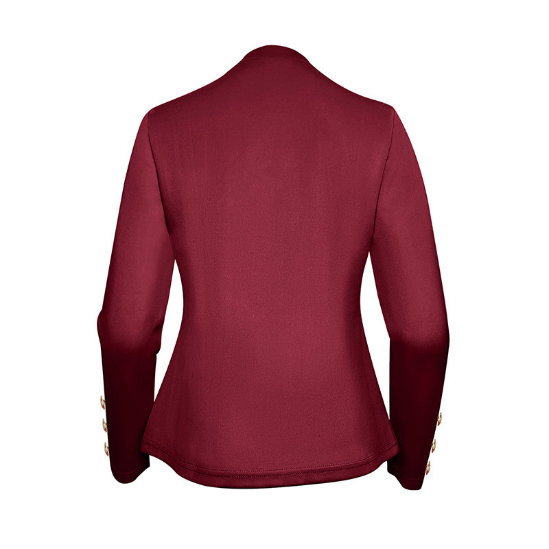 Back view of a red plus size women's blazer with long sleeves and button details on cuffs