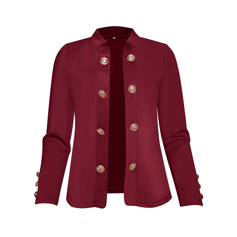 LUNIVA CARE USA plus size women's blazer in burgundy with gold buttons and long sleeves