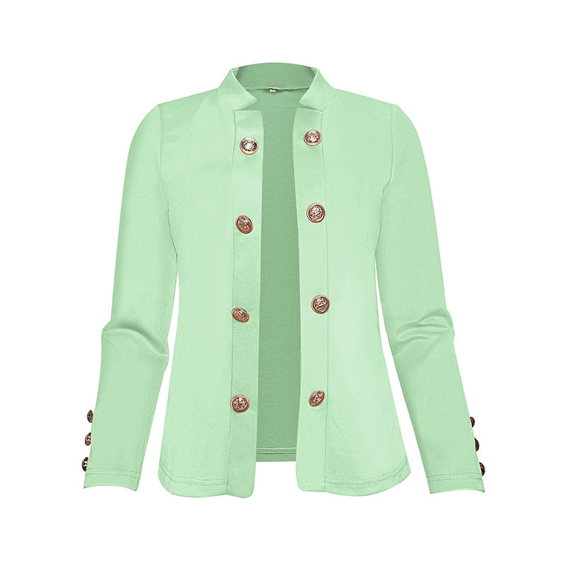Plus size women's blazer in light green with decorative buttons and open front design