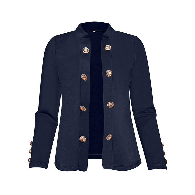 LUNIVA CARE USA navy blue plus size women's blazer with decorative gold buttons and long sleeves
