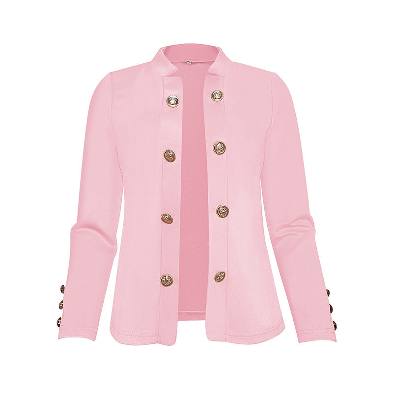 Pink plus size women's blazer with decorative buttons and long sleeves