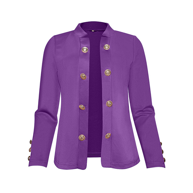 Purple plus size women's blazer with gold buttons and long sleeves by Luniva Care USA
