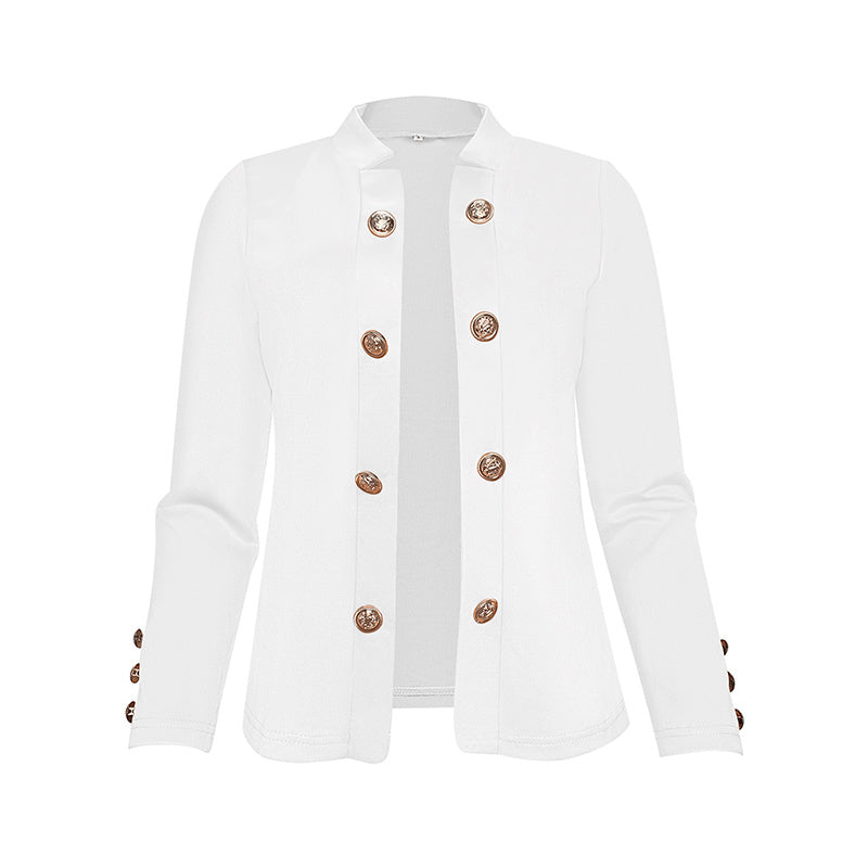 White plus size women's blazer with decorative brown buttons and long sleeves