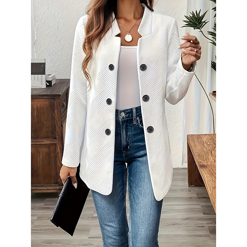 LUNIVA CARE USA women's open front blazer jacket in white with textured pattern and black buttons