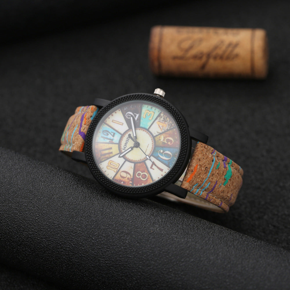 LUNIVA CARE USA vintage leather watch for women with colorful patterned strap and black case