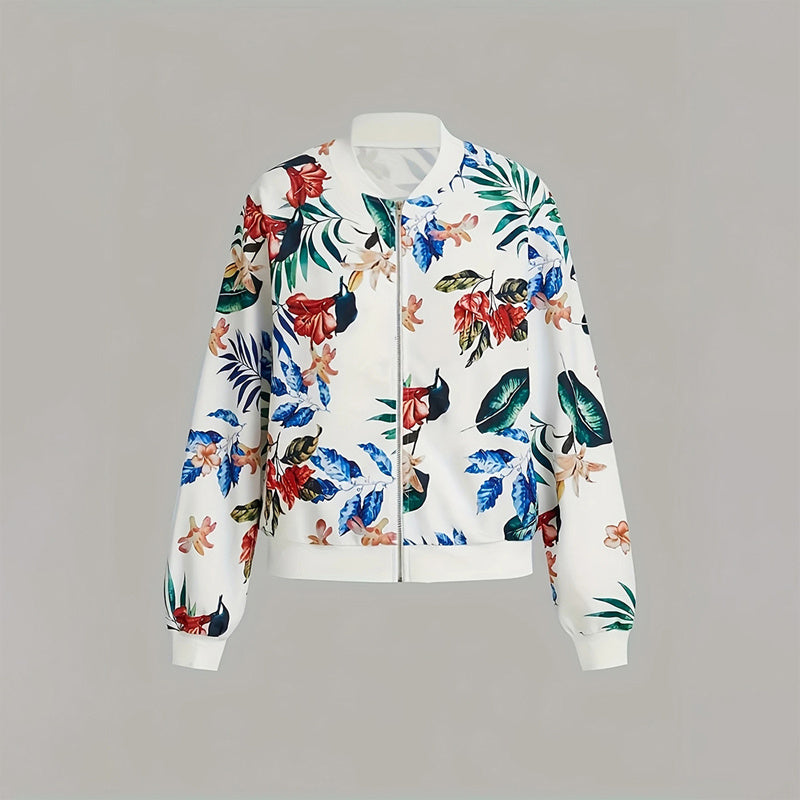 Women's botanical print zip-up jacket with colorful floral design on white background