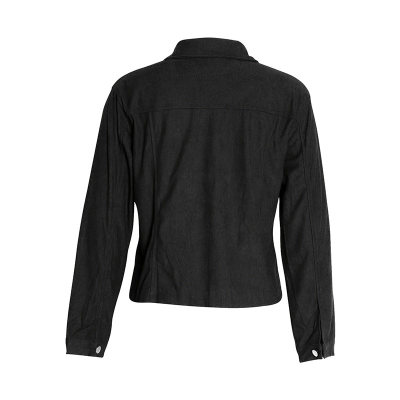 Back view of black women's corduroy jacket with long sleeves and buttoned cuffs