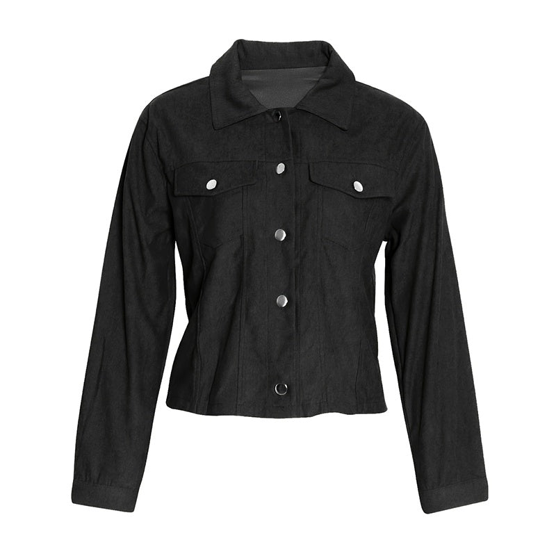 Black women's corduroy jacket with front buttons and chest pockets by LUNIVA CARE USA