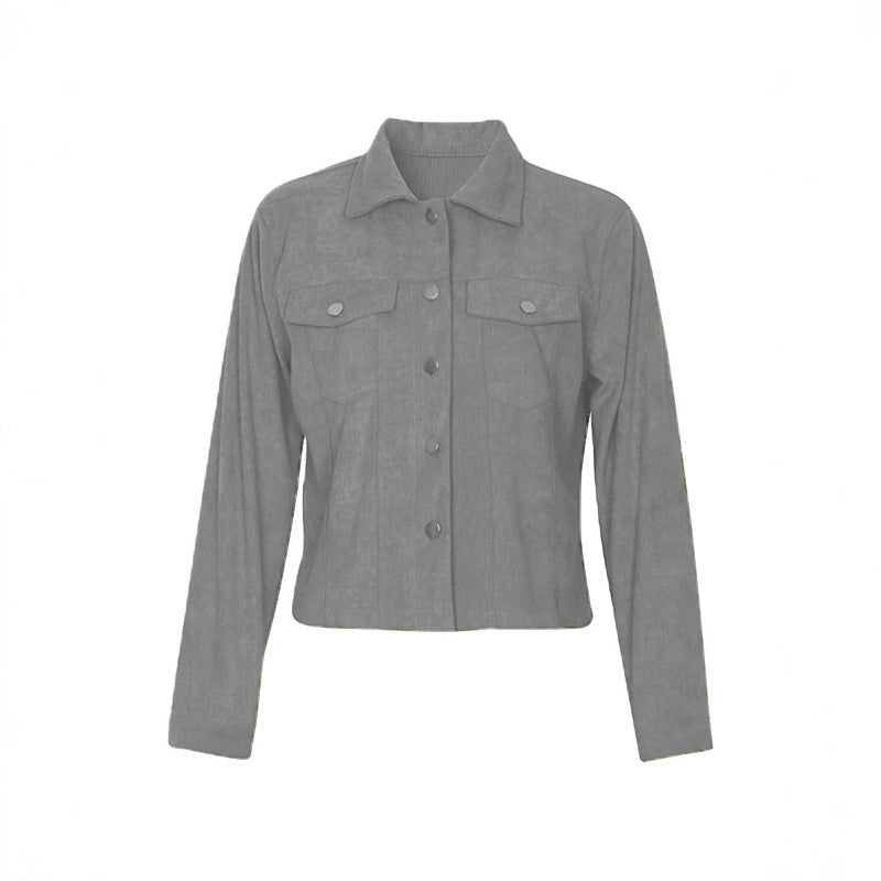 Gray women's corduroy jacket with button front and chest pockets