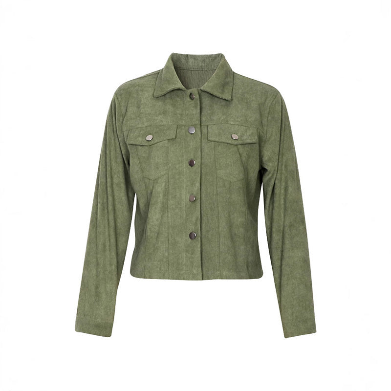 Olive green women's corduroy jacket with button front and chest pockets
