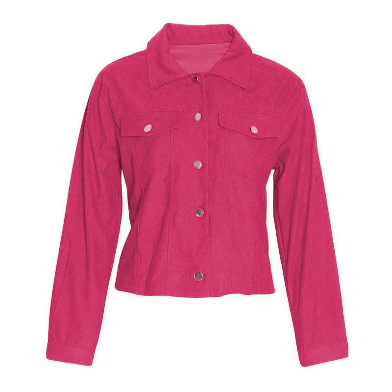 Pink women's corduroy jacket with silver buttons and chest flap pockets