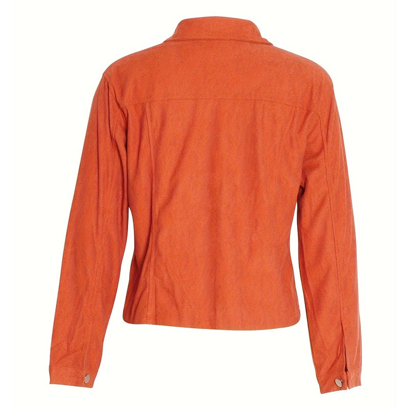 Back view of women's corduroy jacket in burnt orange with long sleeves and buttoned cuffs