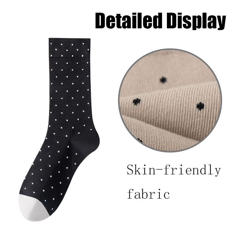 Black women's cute crew socks with white polka dots and white toe made of skin friendly fabric