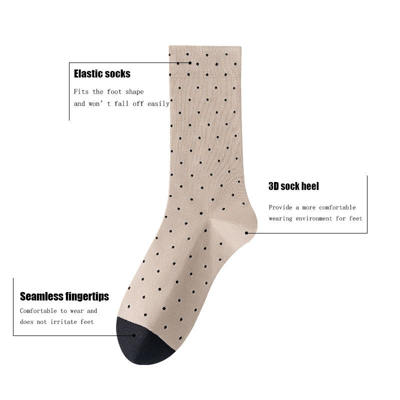 Beige women's cute crew socks with black polka dots, elastic fit, 3D sock heel, and seamless fingertips