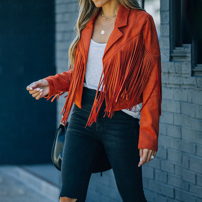 LUNIVA CARE USA women's faux suede fringe jacket in burnt orange with long fringes and lapel collar