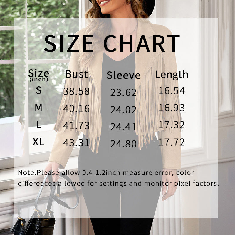 Size chart for women's faux suede fringe jacket showing bust sleeve and length measurements in inches