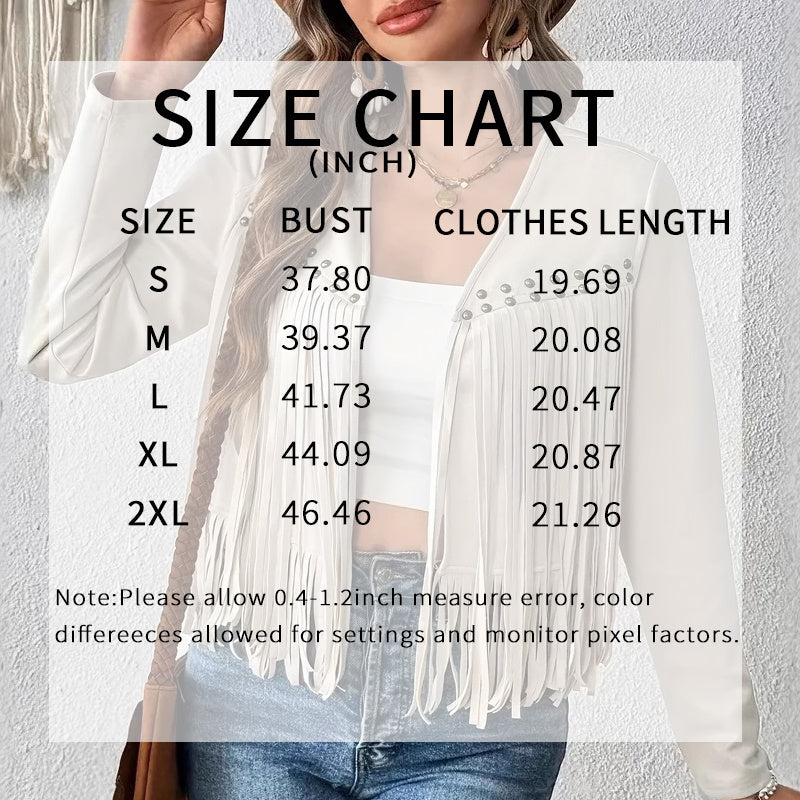 Size chart for women's fringe suede jacket showing bust and clothes length measurements in inches