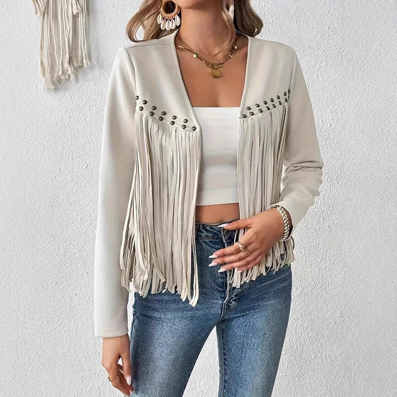 LUNIVA CARE USA women's fringe suede jacket in white with studded detailing and long fringe accents