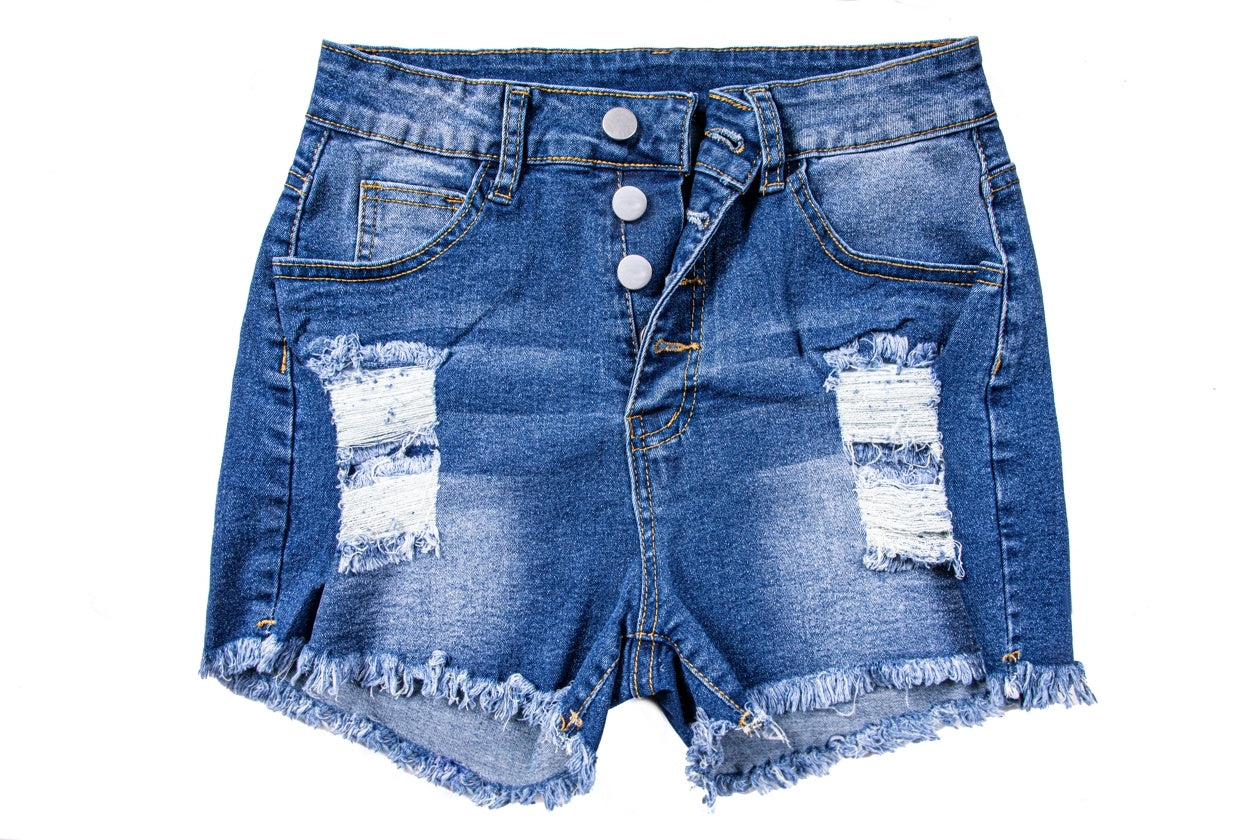 Blue high-waisted women's ripped denim shorts with frayed hems and button closure