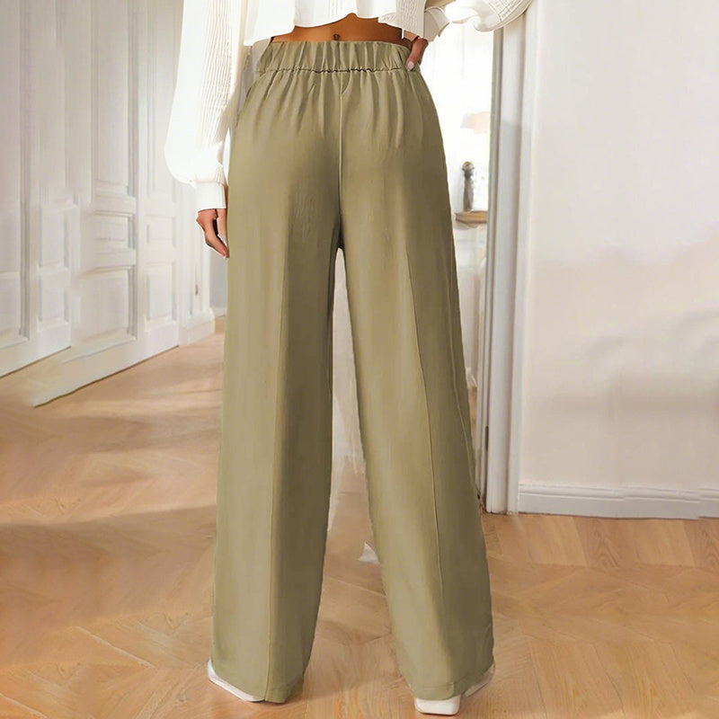 Back view of beige women's wide leg business trousers with elastic waistband and straight fit
