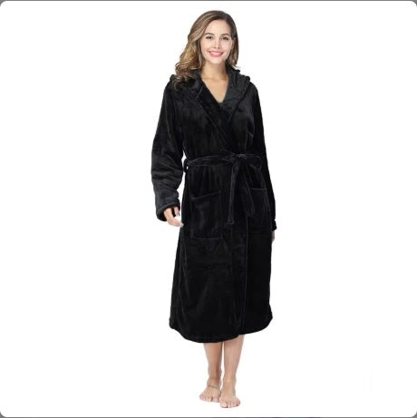 Black cozy women's winter flannel bathrobe with hood and belt for warmth and comfort