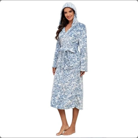 LUNIVA CARE USA women's winter flannel bathrobe with hood and belt in blue floral pattern