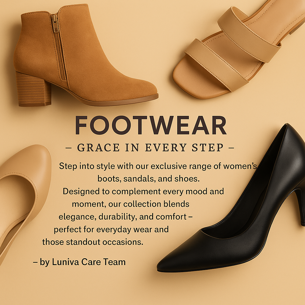 Collection of women's stylish footwear including tan boots, beige sandals, nude flats, and black heels on beige background