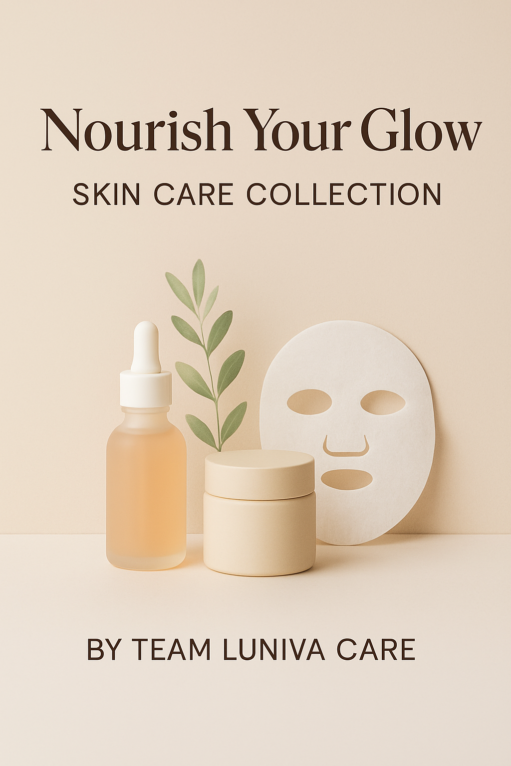 Luxury skin care products including serum, cream, and face mask with natural leaves from Luniva Care collection