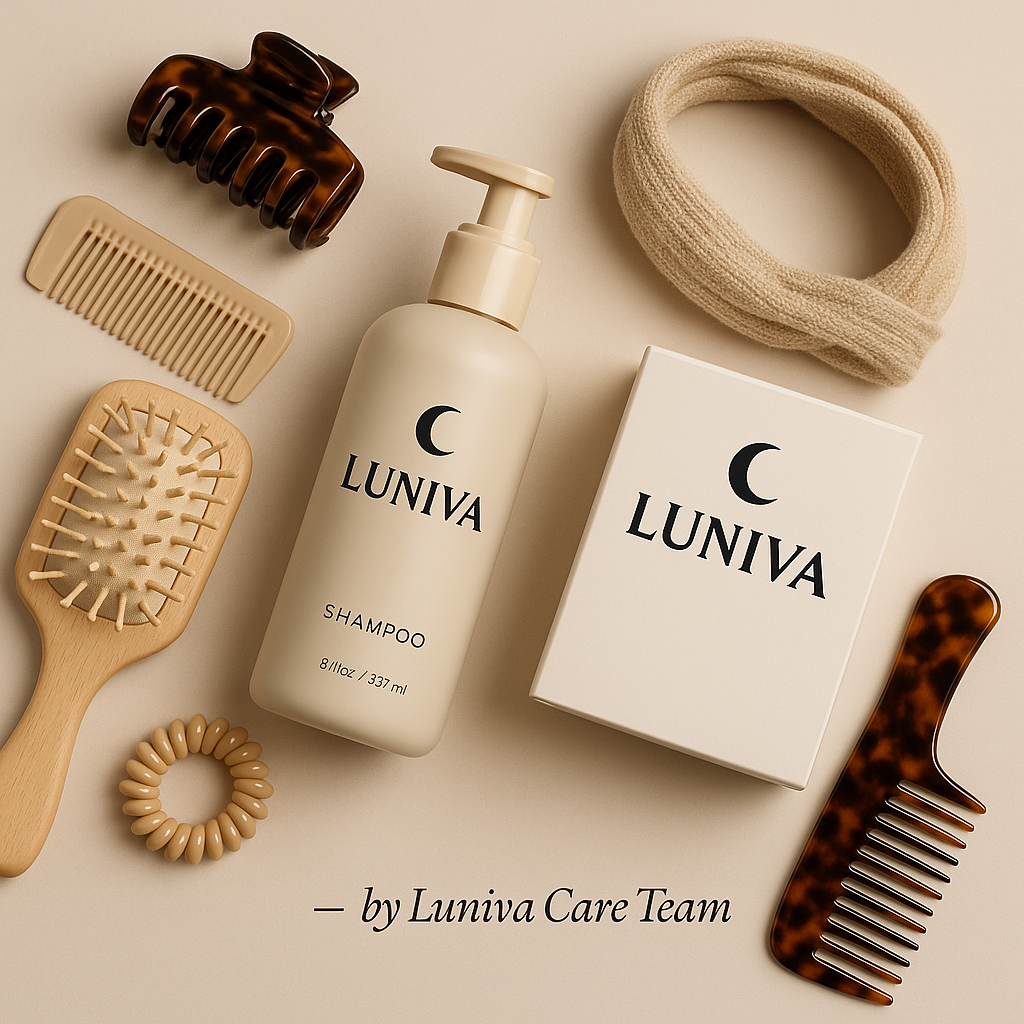 Luxury hair accessories for women including combs, clips, headbands, and nourishing hair care products by Luniva