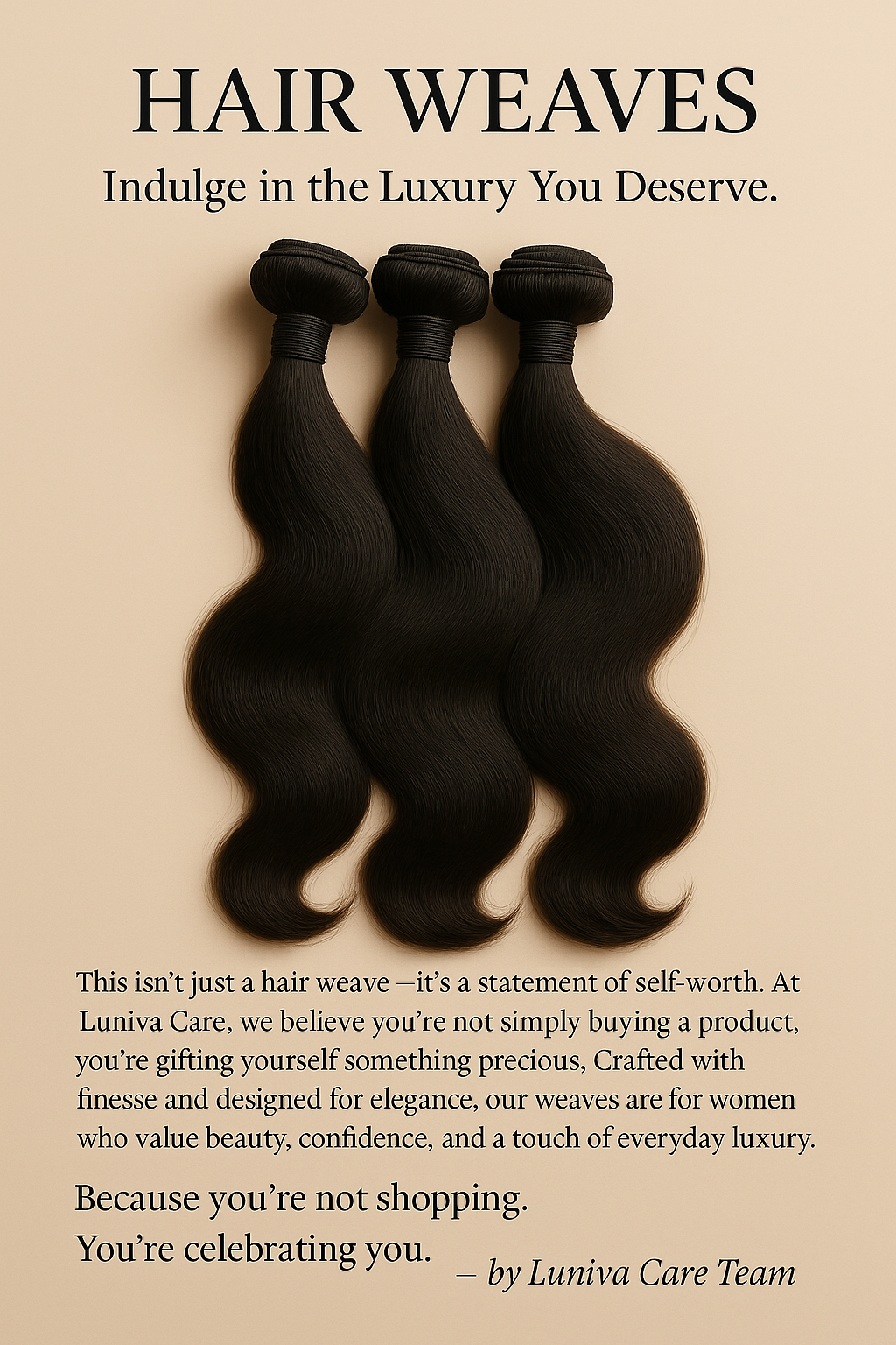 Premium hair weaves for women displayed in three smooth, luxurious black wavy bundles