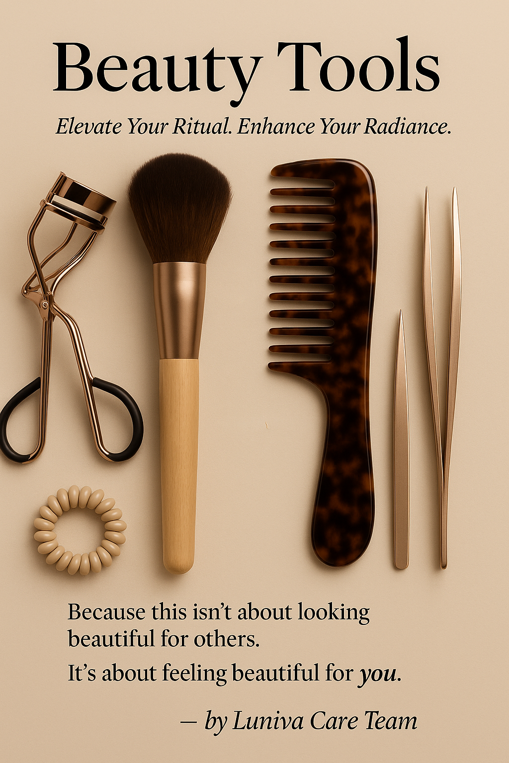Luxury beauty tools including eyelash curler, makeup brush, comb, tweezers, and hair tie on beige background