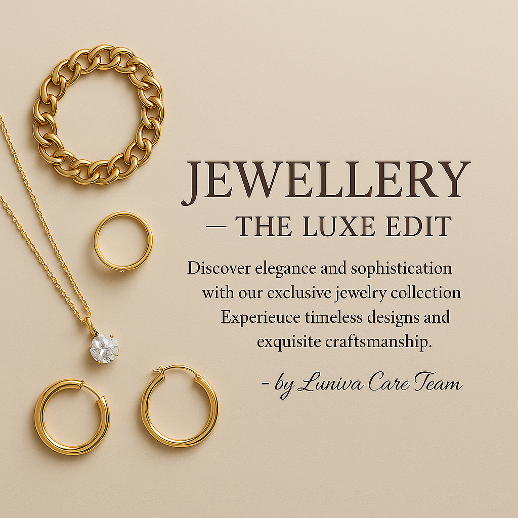 Luxury jewelry collection featuring elegant gold bracelets, rings, a necklace with a pendant, and hoop earrings