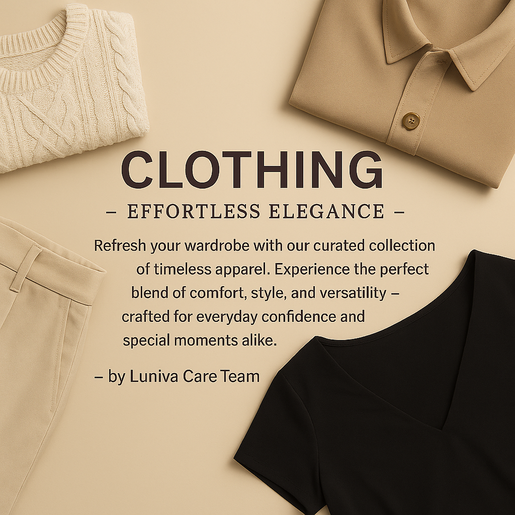 Collection of comfortable women's clothing including knit sweater, polo shirt, beige pants, and black top