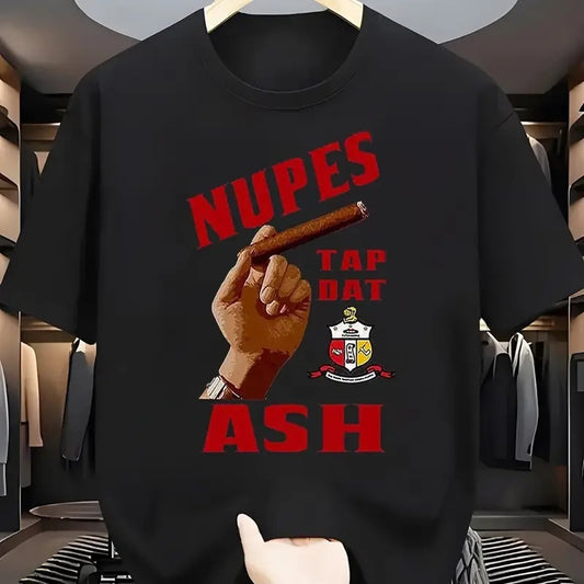 Black American printed summer t-shirt with red NUPES TAP DAT ASH design and hand holding cigar