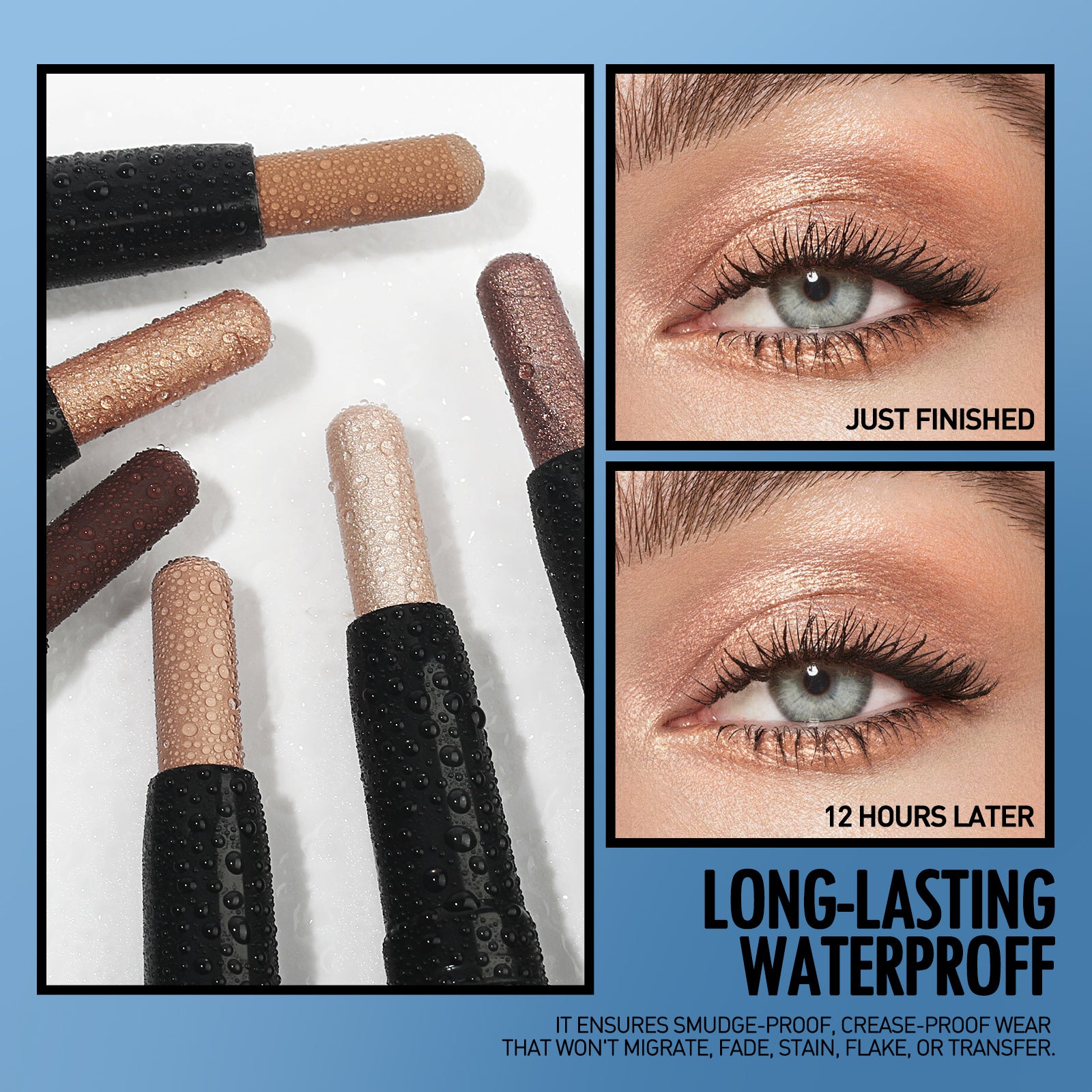 LUNIVA CARE USA double-headed eyeshadow stick close-up with beige and brown shades showing long-lasting waterproof effect on eye
