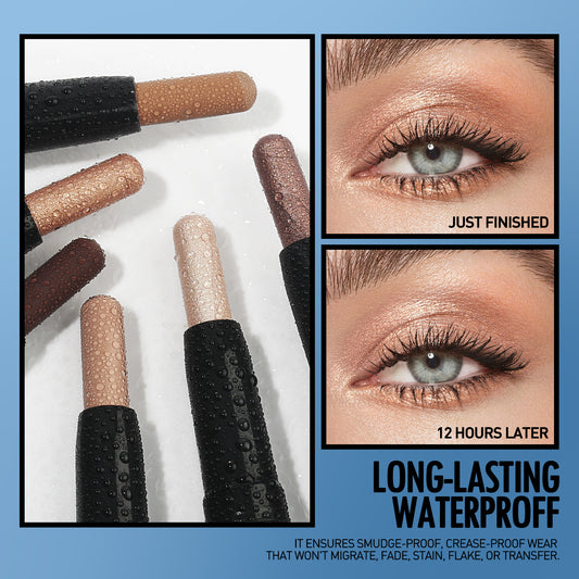 LUNIVA CARE USA double-headed eyeshadow stick close-up with beige and brown shades showing long-lasting waterproof effect on eye