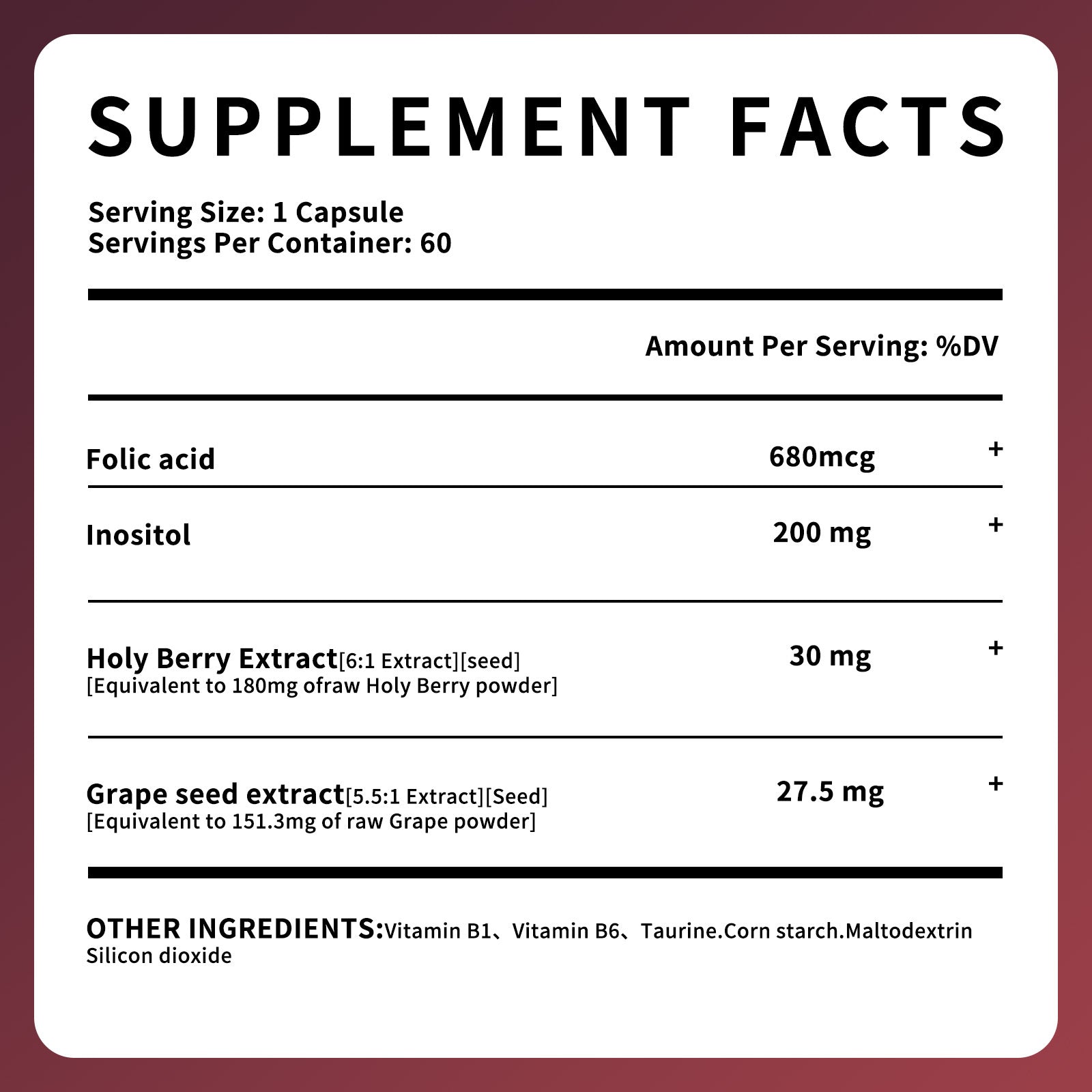 Supplement facts label of glow boosting supplements for radiant skin with folic acid and berry extracts