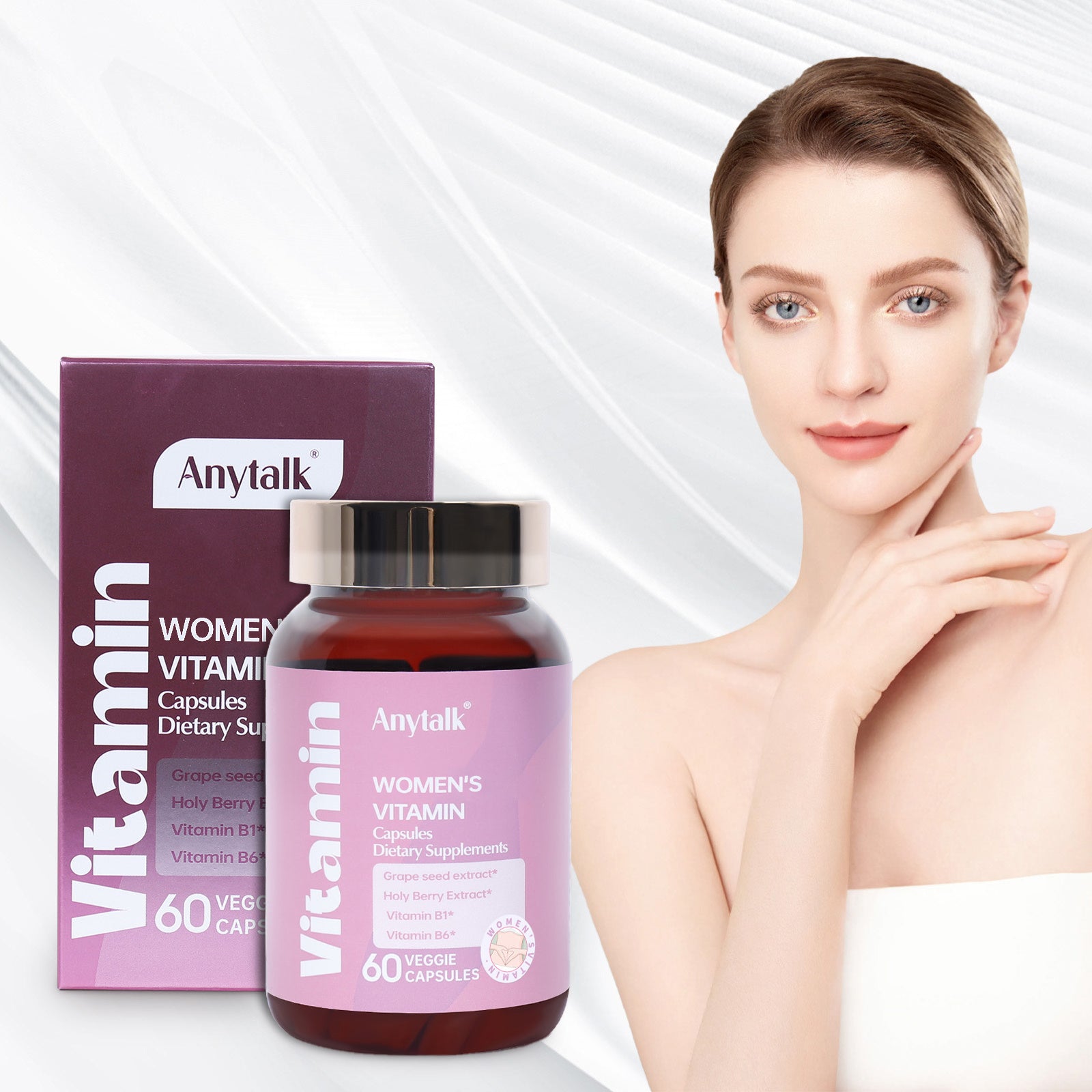 Luniva Care USA glow boosting supplements for radiant skin shown with vitamin capsules and smiling woman