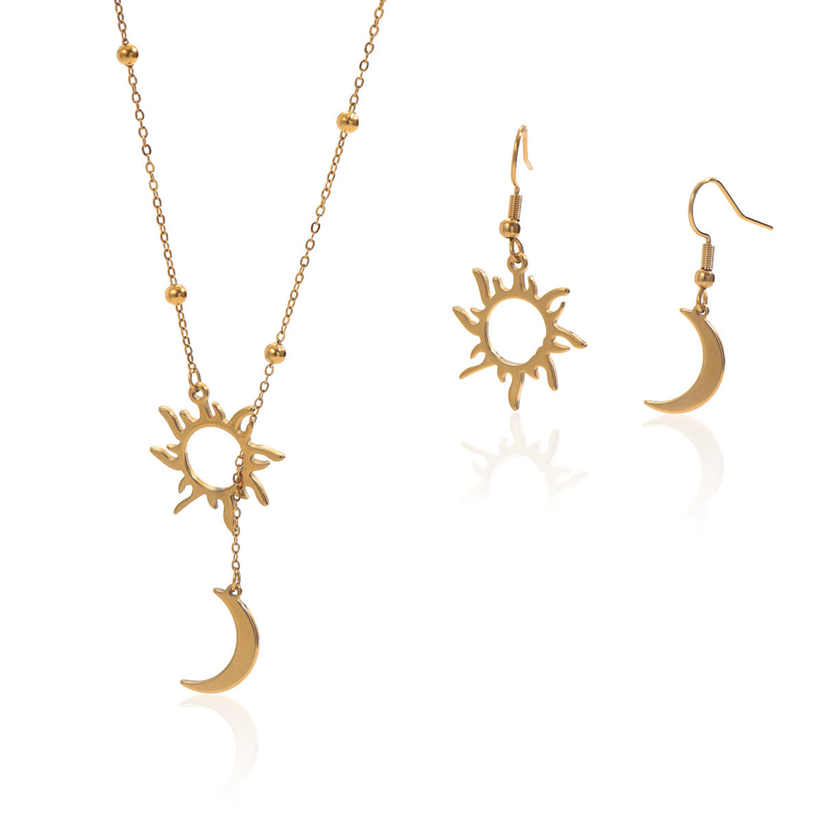 18K gold sun and moon jewelry set featuring a sun pendant necklace and matching sun and moon earrings