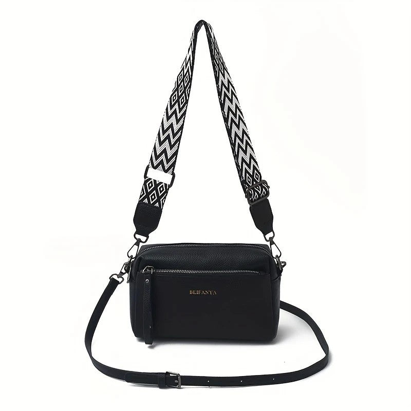 Black minimalist crossbody bag for women with geometric patterned adjustable strap by LUNIVA CARE USA