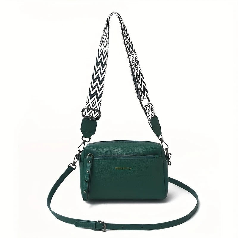 LUNIVA CARE USA minimalist crossbody bag for women in dark green with patterned adjustable shoulder strap