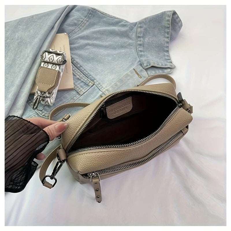 Minimalist crossbody bag for women by LUNIVA CARE USA in beige with zipper and adjustable strap